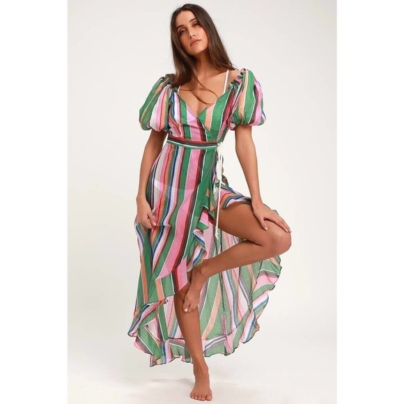 Lulus Bermuda Pink Rainbow Striped Balloon Sleeve Swim Cover Up Womens Small - Picture 2 of 7